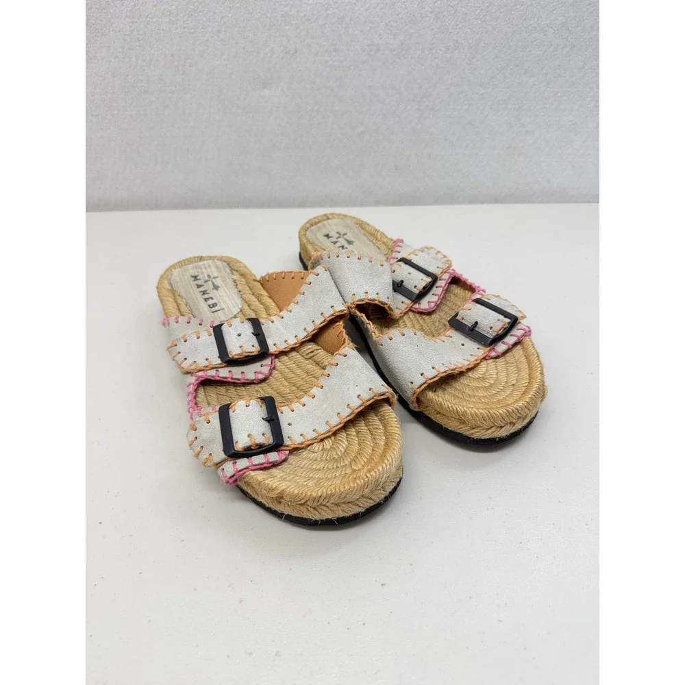 Manebi Nordic Suede Espadrille Buckle Sandals Beige Pink Stitching 40 10